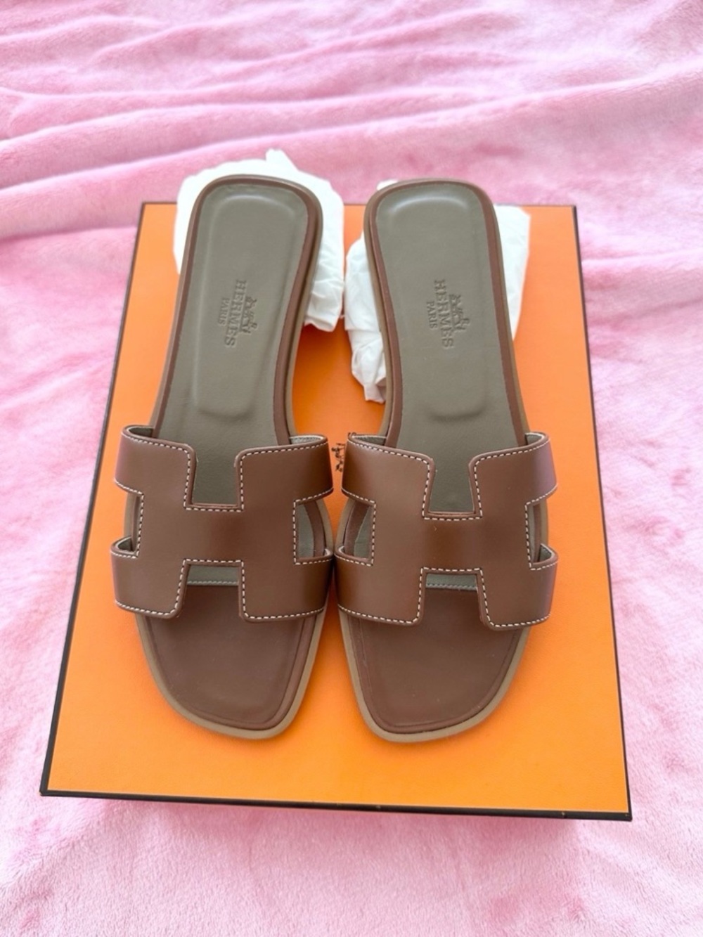 Hermes Brown Oran Slide Sandals Size 36.5 Women's Leather Slip-On
